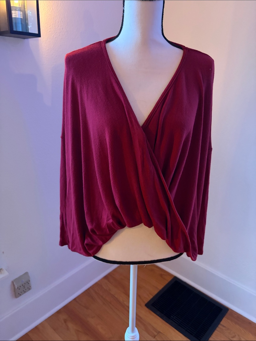 NWT Anthropologie Self Contrast Wine draped long sleeve blouse XS